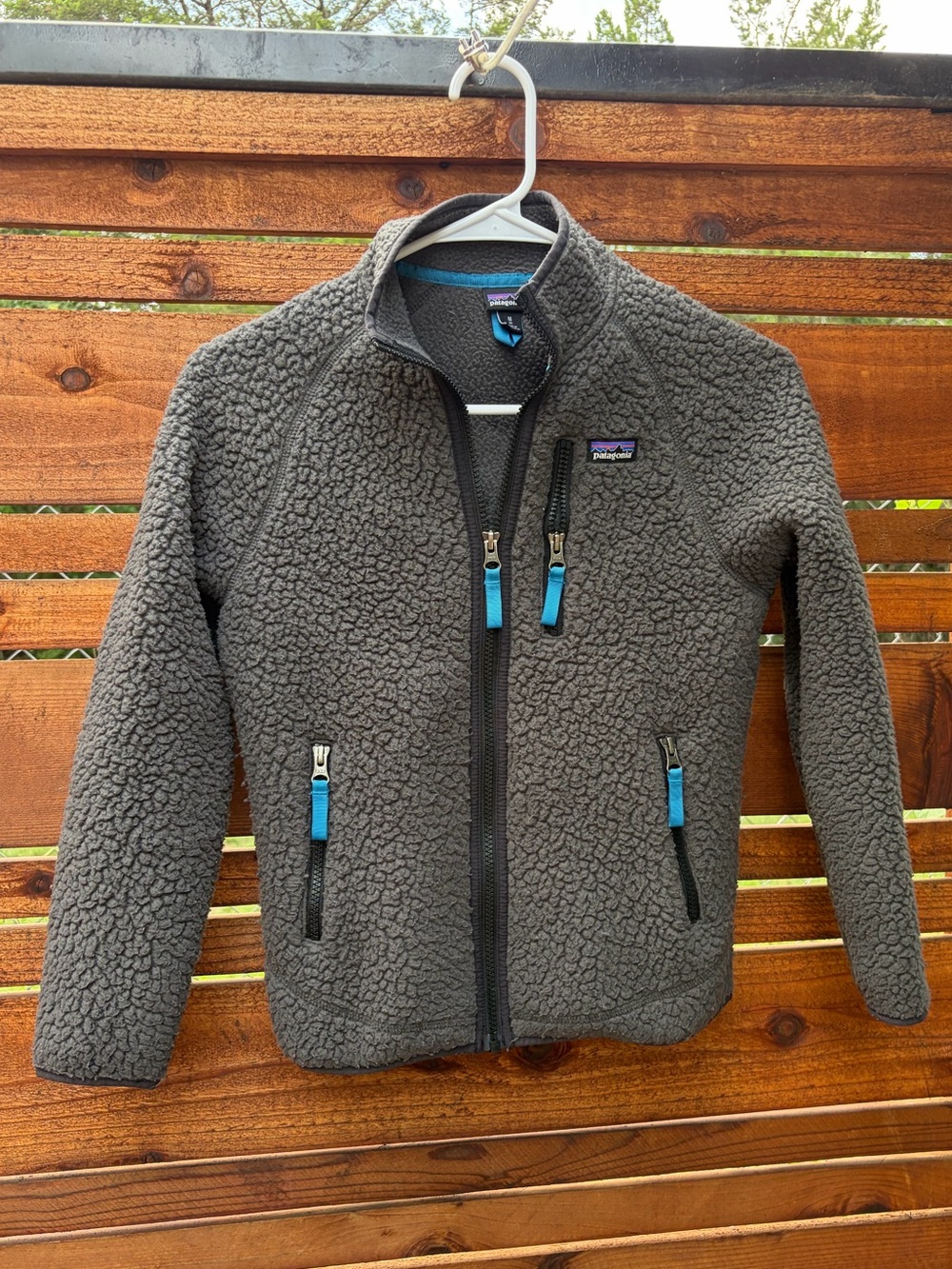 Kids Patagonia Gray Sherpa Fleece Jacket with Blue Zipper Tabs